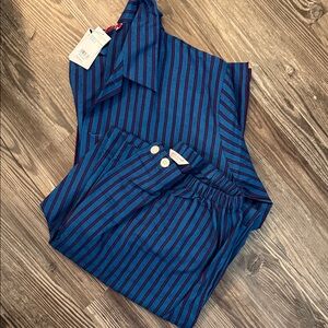 Derek Rose Navy and Burgundy Striped Pajama Set